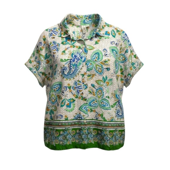 Joie Tops - Joie Paisley Button Up Blouse Green Blue Short Sleeve‎ Top Floral Casual Boho XS